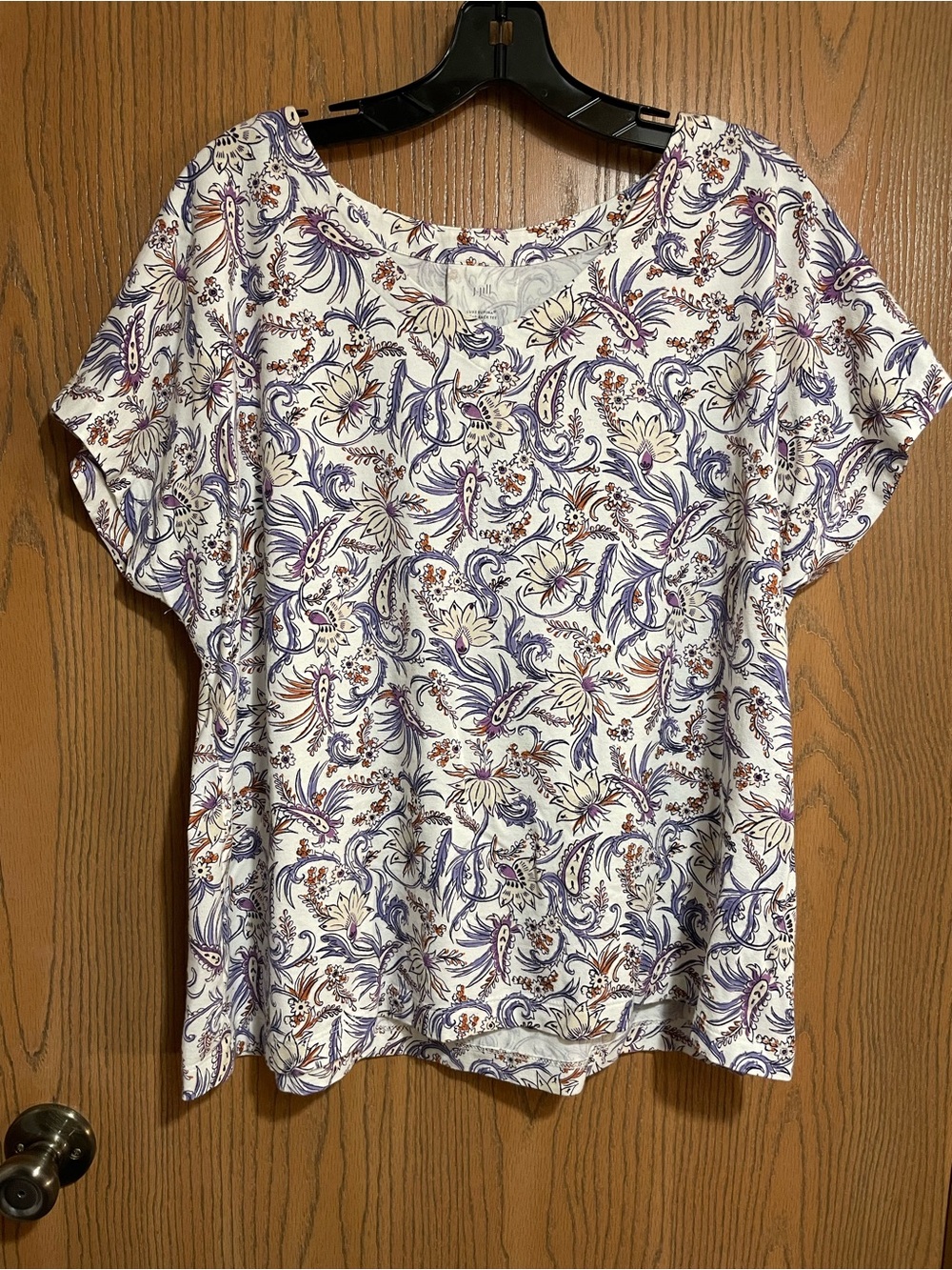 J. Jill Tee with Short-Sleeves and Purple & Cream Floral Paisley Print